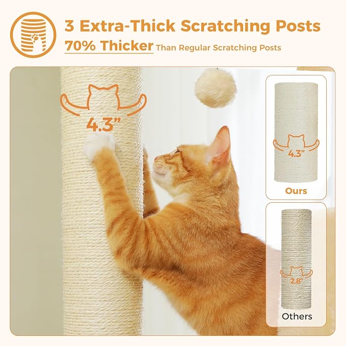 PAWZ Road Large Cat Tree, 45" Heavy Duty Cat Tower with Dual Condos, Beige | thick scratching posts(φ4.3"), 21"x21" spacious perch, large scratching ramp, dual condos for large&maine cats