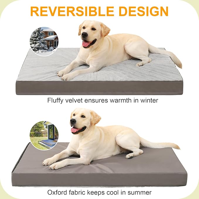 KSIIA Orthopedic Dog Bed for Large Dogs with Waterproof Lining, Grey, 36x27 | Deluxe Soft Plush Dog Crate Bed, Washable Pet Mat with Removable Cover & Egg Crate Foam for Large Dogs Sleeping & Relaxing
