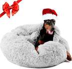 Himax Covered Large Dog Bed with Blanket Attached Calming Burrow Light Grey | 35in Anti-Anxiety Donut dog bed with cover, Washable Round Fluffy Pet& Cat Beds for Indoor