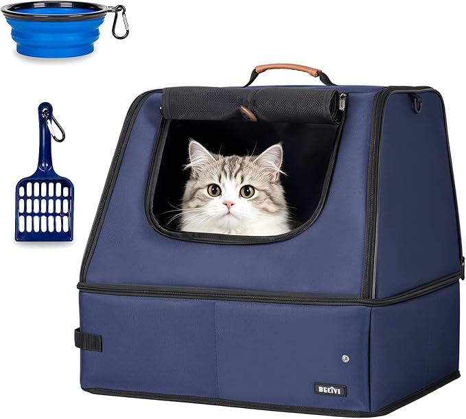 Portable Cat Travel Litter Box with Lid,No Collapse with Hard Base Insert at Bottom, Leak-Proof & Foldable, Easy Clean Odor-Control Cat Travel Essentials for Car, Hotel, Airplane, Camping,Trips Navy