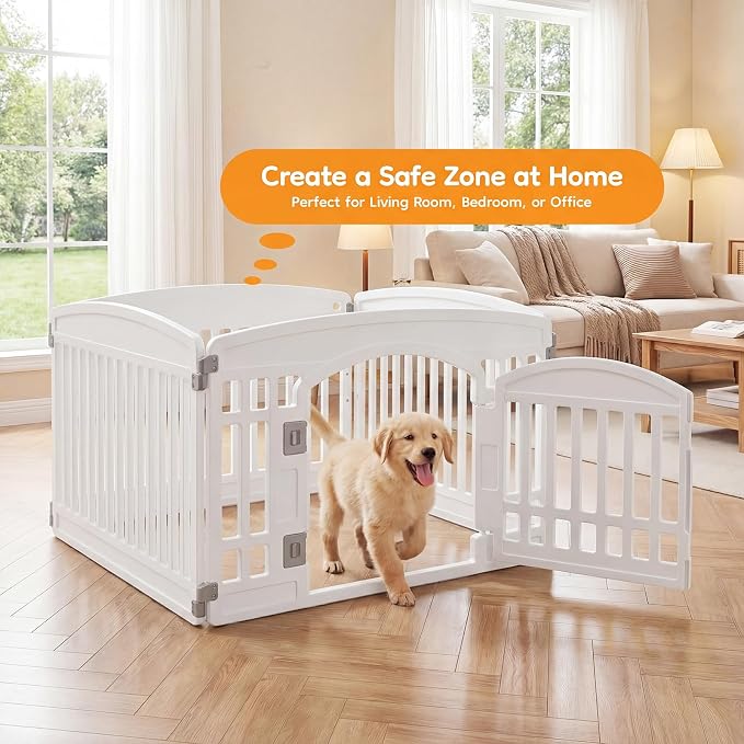 NEWBULIG Dog Playpen 4 Panel 24 Inch Puppy Fence, Indoors Outdoor Plastic Portable Pet Play Pen with Secure Locking Door for Small Medium Dogs for Yard, RV Camping