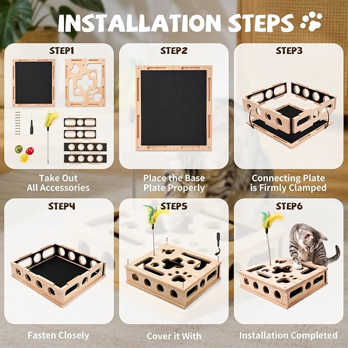Cat Nail File Enrichment Box Scratch Puzzle Toy with Slot Lock Screws | 11.8in Solid Wood Cat Scratcher with 180-Grit Sandpaper Slot Lock 8 Screws Bell Balls Feather Teaser Indoor Claw Care Toy
