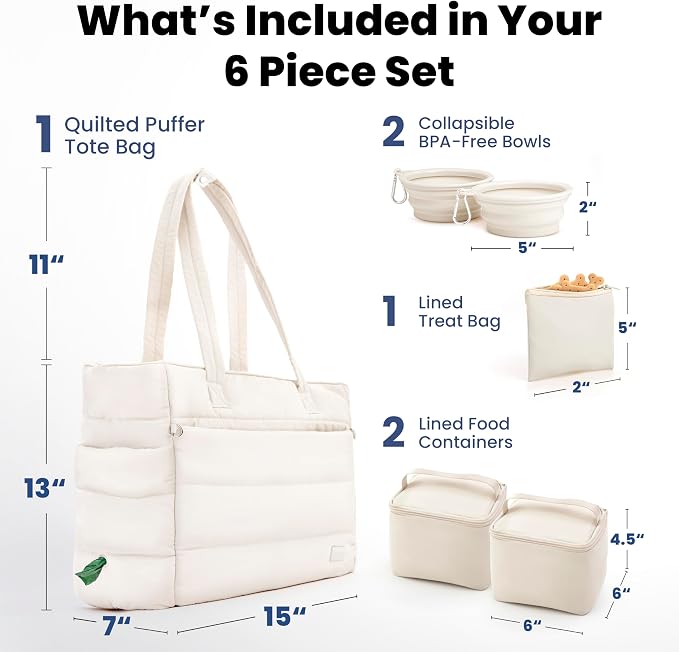 Rubyloo Puffer Dog Travel Bag for Dog Moms, Diaper Bag with Travel Bowls | 2 BPA-Free Collapsible Bowls, 2 Pet Food Containers, 9 Pockets, Everyday Puffer Bag Works With or Without Your Dog, Beige