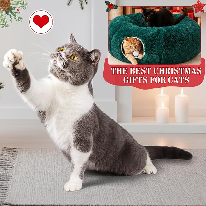 Cat Tunnel Christmas Tree Skirt Large Soft Plush Tunnel Bed Under Christmas Tree for Indoor Cats 36 Circle Donut Tube Bed with Central Mat for Cat Puppy Rabbit Kitten Xmas Gifts(Green)