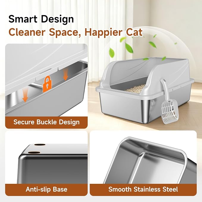 Stainless Steel Litter Box XL | Prevents Urine Leakage Includes Scoop Durable & Sturdy Odor-Resistant