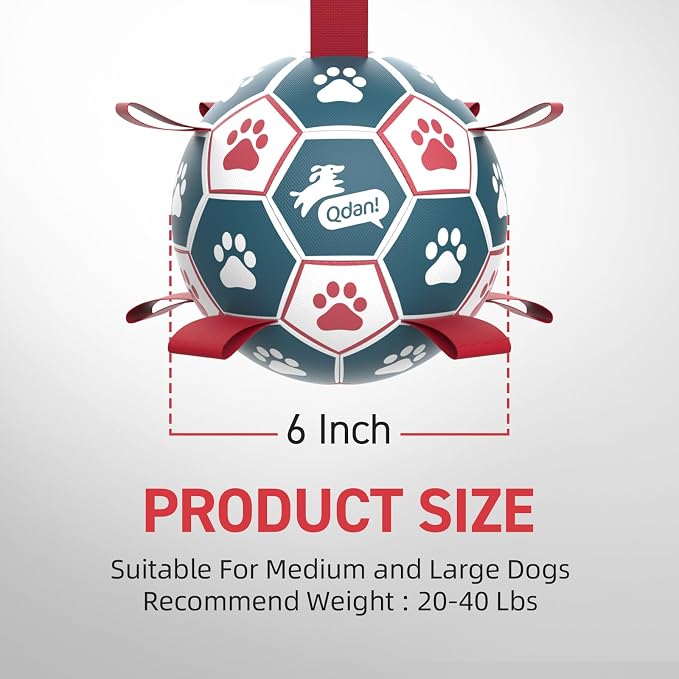 QDAN Dog Balls, 6 Inch Dog Soccer Ball with Straps, Herding Balls for Dogs | Outdoor Dog Toys Balls for 20-40 lb dogs, Puppy Ball to Keep Them Busy, Dog Pool Water Play Toy, Puppy Birthday Gifts