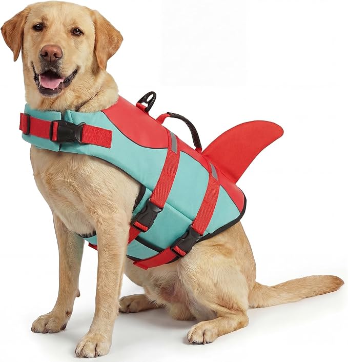 ASENKU Dog Life Jacket - Pet Safety Vest for Swimming & Boating, Shark Life Jacket with Floatation, Dog Lifesavers Swimsuits for Small Medium Large Dogs (RedGreen, XL)