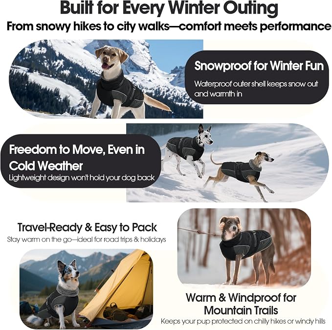 QBLEEV Warm Dog Jacket - Reflective, Adjustable Winter Coat with Turtleneck for Cold Weather, Waterproof Fleece Snowsuit for Small, Medium, Large Dogs