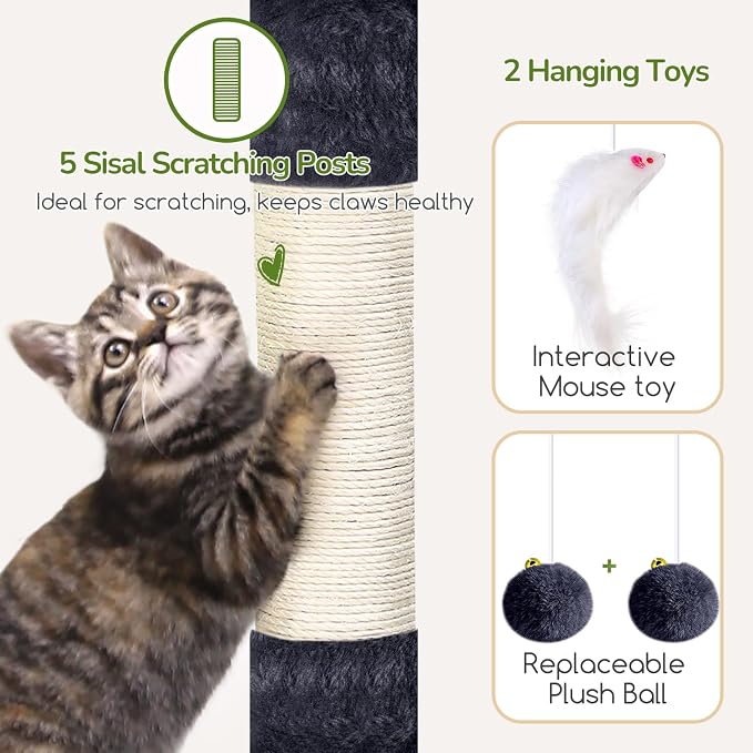 Globlazer 52in Cat Tree Tower for Indoor Cats, 2 Condos, S52, Dark Grey | Multi-Level Plush House, 5 Sisal Scratching Posts, 2 Padded Top Perches, Big Metal Basket, Stable Enlarged Base