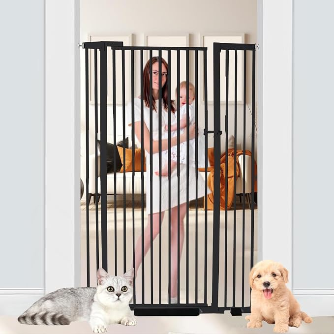 55.1" Extra Tall Pet Gate, 29.92"- 43" Black Adjustable Dog Gate | Pressure Mounted, Walk Through, Cat Gate, No Drilling, Narrow Slat, Heavy-duty Steel, For Doorways, Stairs, Hallway, Kitchen