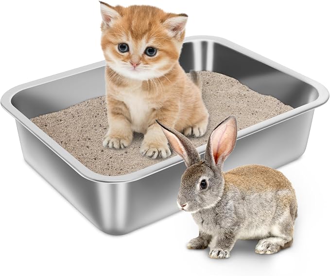 Stainless Steel Litter Box for Kitten, 15.7"×11.8"×4" Small Litter Box for Kittens Easy Entry, Non Odor, Easy to Clean, Metal Litterbox for Cat, Rabbit, Guinea Pigs and Hamsters | 15.7"×11.8"×4", Easy Entry, Non Odor, Easy to Clean, Litter Box for Cat,...