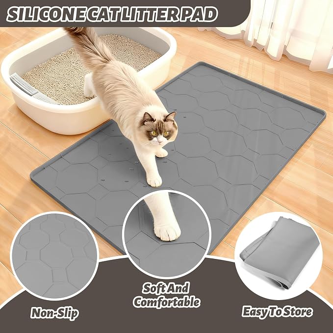 Silicone Cat Litter Mat for Litter Box-28" X 22" Kitty litter pads, Waterproof & Leak-Proof Trapping Design, Non-Slip Durable Easy to clean (Gray)