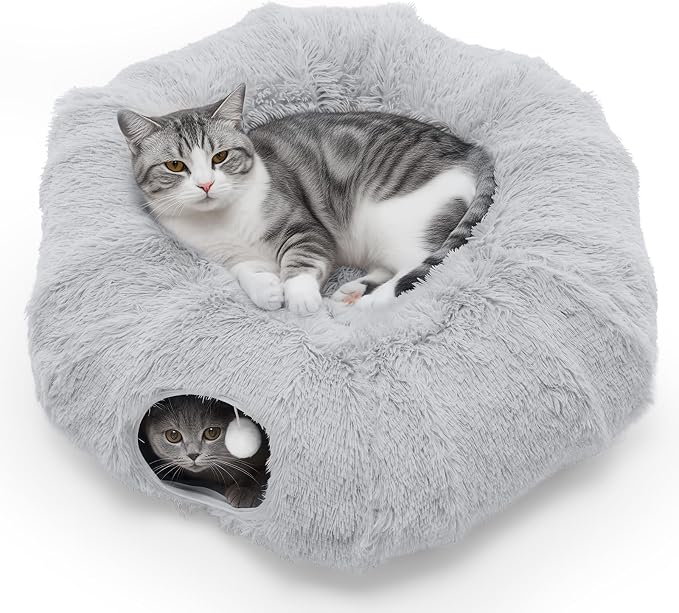 DUMOS Cat Tunnel Bed for Indoor Cats, Cave Donut Play Tunnel, Grey | Soft Plush Peekaboo, Washable Circle Cushion, Multifunctional Playground Under Tree Toys for Kittens, Puppy, Rabbit, Ferret