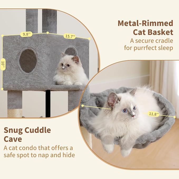 Heybly Cat Tree, 45.3" Cat Tower for Indoor Cats with Large Perch HCT202SW | All-in-One Cat Furniture with Cozy Bed, Hidden Space Cat Condo, Comfy Hammock, Scratching Posts & 3 Pompoms, Light Gray