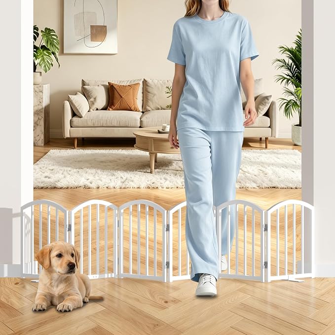 SNUOWU 16 Inch Full Metal Freestanding Short Dog Gate for Small Dogs, Foldable 6-Panel Pet Barrier, Expands Up to 72" Wide, Indoor Safety Fence for Doorway, Home & Stairs, White
