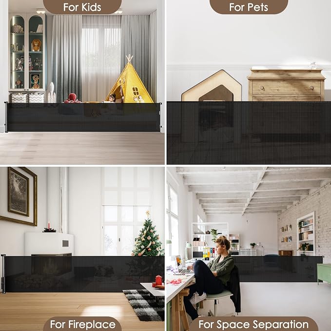 185" Extra Long Baby Gates for Large Openings, Retractable Dog Gate, Black | Indoor/Outdoor Retractable Gate for Garage/Deck/Living Room, Space-Saving, Easy to Use Safety Lock, Sturdy Mesh, Easy Install