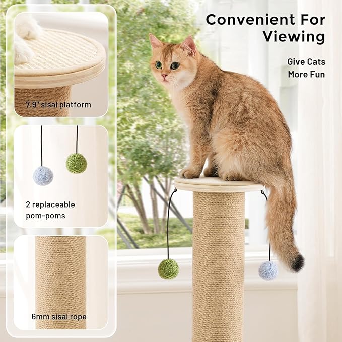 ZOMISIA 35'' Tall Cat Scratching Post for Indoor Cats Adults | 4.7'' Large Scratch Post, Thicken Wooden Base, Sisal Scratcher Top & Dangling Balls, Super Sturdy