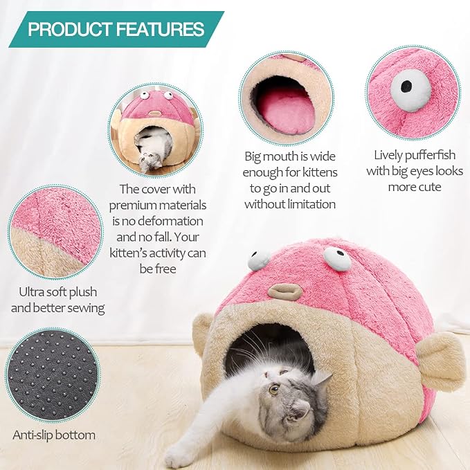 Cat Beds for Indoor Cats-Cat Bed Cave,Cute Lively Pufferfish Shape,Pink L | 2 in 1 Cats House for Kitten with Removable Washable Cushioned Pillow,Soft plush cat Tent for cat Hideaway,Machine Washable