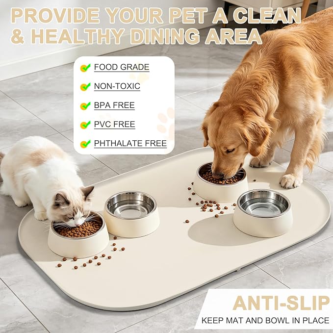 SMILOOL 36" x 24" x 1" Extra Large Silicone Pet Food Mat with Raised Edge for Food and Water Bowl, Dog Feeding Mats, Cat Food Trays for Floor Waterproof, Rubber Tray for Dogs and Cats, White Sand