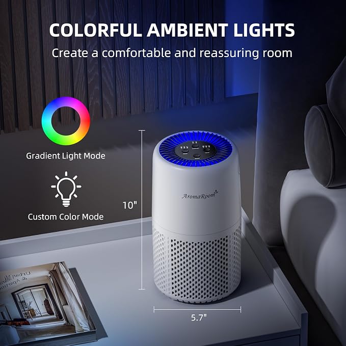 AromaRoom Air Purifiers, Quiet Air Cleaner For Pets, Baby Room,Home | AromaRoom H13 HEPA Air Filter For Smoke Pollen Dander Hair Smell Air Cleaner, 3-in-1 Filter with Sleep Mode