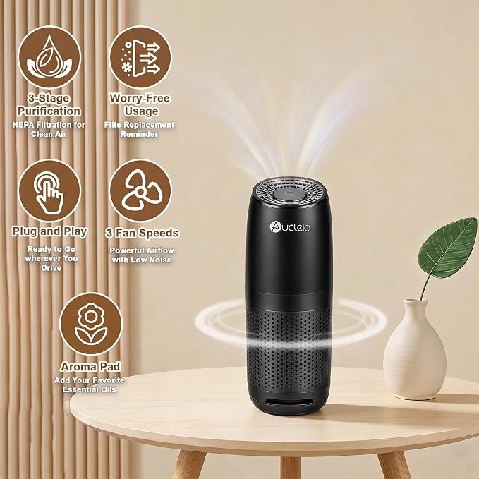 Aucleia Mini Portable Air Purifier for Car Office Travel, Black | Compact Air Purifier With Aromatherapy Function, Usb Powered Mini Usb Air Purifier Removes Pet Odor, Smoke, Dust And Pollen