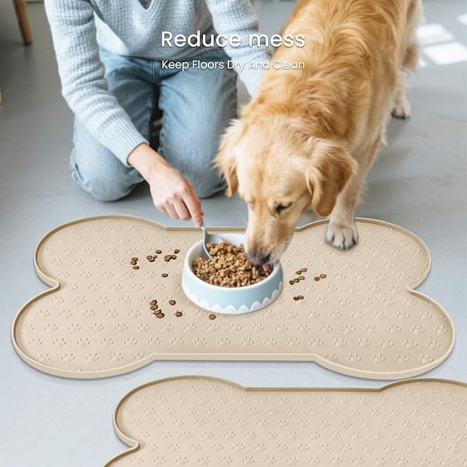 PWTAA Dog Food Mat Anti-Slip Silicone Dog Bowl Mat Thicker Pet Placemat Waterproof Cat Feeder Pad with Raised Edge Puppy Kitten Feeding Mats Suitable Small Medium-Sized Dogs Cats Eating Tray - 2PCS