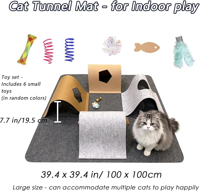 Cat Tunnel Mat for Indoor,4-Way Felt Cats Play Mat Cat Cave for Hide & Seek | Furphoria 39.4" Large Cat Activity Play Mat with 6 Pcs Toys Set Interactive Cat Enrichment for Kitten Tunnel (Grey)