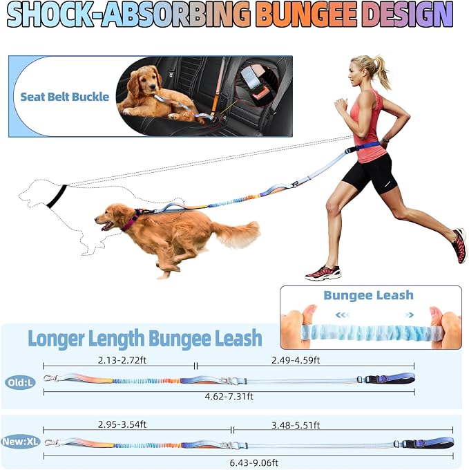 Roses&Poetry Hands Free Dog Leash with Zipper Pouch, 6-9ft Bungee Waist Leash for Medium Large Dogs Walking, Running Lead with Dual Padded Handles Car Safety Buckle for Training Jogging