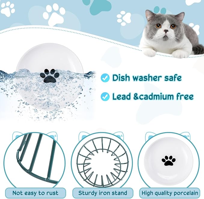 Roshtia 4 Sets Elevated Cat Bowls Ceramic Raised Cat Food Bowls with Metal Stand Dishwasher Safe Dishes Non Slip Elevated Food Plate(Green,Paw)