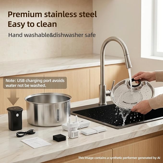 Jzlapro Wireless Cat Water Fountain,108oz Stainless Steel,Battery Operated | 3 Pack Filters | Cordless & Rechargeable | Motion Sensor | BPA-Free | DishwasherSafe | 20dB Ultra-Quiet | 3.2L capacity