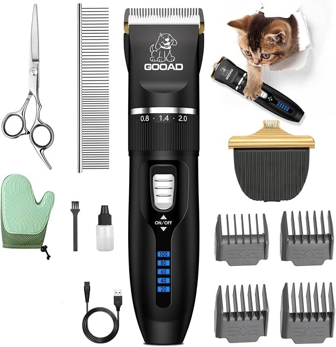 Quiet Cat Clippers & Cat Grooming Kit for Matted & Long Hair | 250Min Cordless Pet Shaver, Low Noise Pet Hair Trimmer for Grooming,2in1 Wide & Narrow Blades,4 Combs,Scissors & Glove(Black)