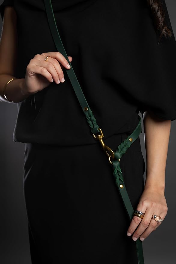 NOAH & PAW Leather Dog Leash, Premium Oil-Waxed Leather Braided, 8 ft Long Dog Leash with 6 Ways to Use Hands-Free, Quick-tie, Double Pet Lead Etc. Matching Collar Available. (Dark Green)
