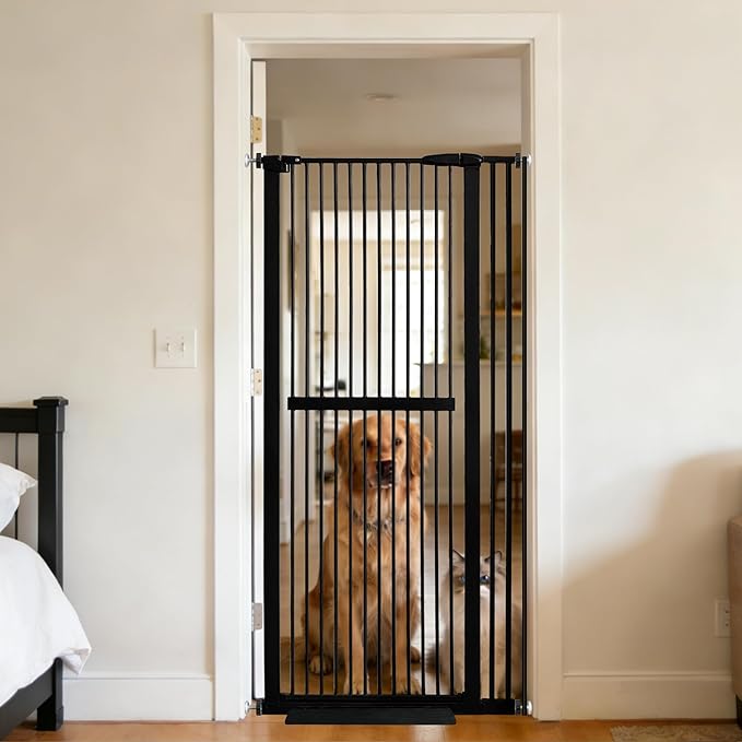 Lumizone 61.02" Extra Tall Pet Gate for Cat Dog 30.12"-38.38" Wide Black | Extra Tall Cat Gate for Doorway Hallway Stairs Pressure Mounted 1.37" Gap No Drilling Auto-Close Dual-Lock