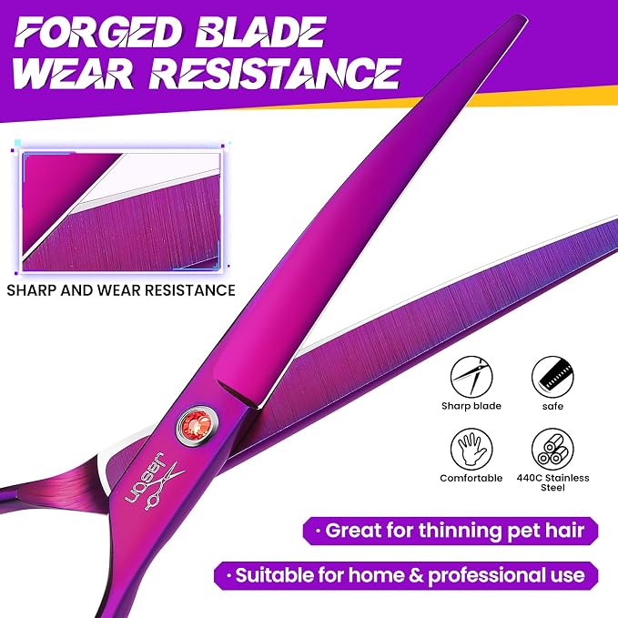 JASON Curved Dog Grooming Scissors - 7" Down-Curved Trimming Shears Purple | Professional Shear with Ergonomic Handle Japanese Stainless Steel, for Dogs, Cats and Other Pets, Sharp, Gift