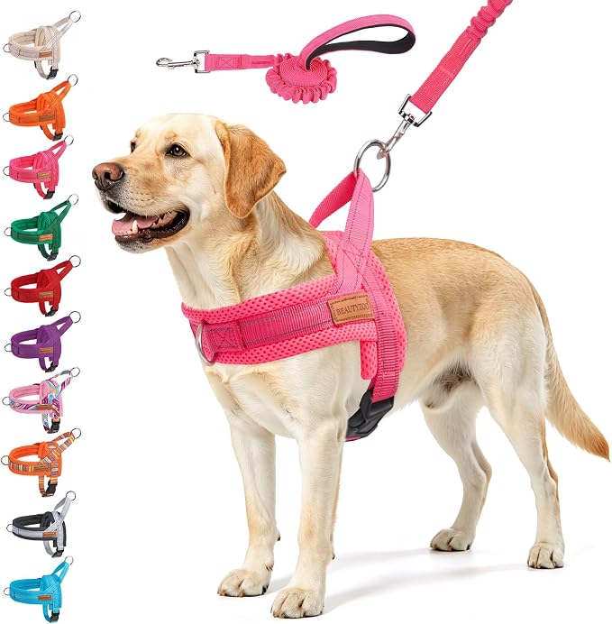 BEAUTYZOO Dog Harness for Large Dogs, No Pull Dog Harness and Leash Set, Soft Escape Proof Puppy Vest Harness with Handle, Reflective Lightweight Step in Harness for Girl Boy Dogs, Pink L
