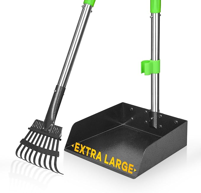 TOOGE Larger Pooper Scooper for Large Dogs Long Handle Stainless Metal | Dog Pooper Scooper for Large Medium Small Dogs Tray and Rake Set Heavy Duty