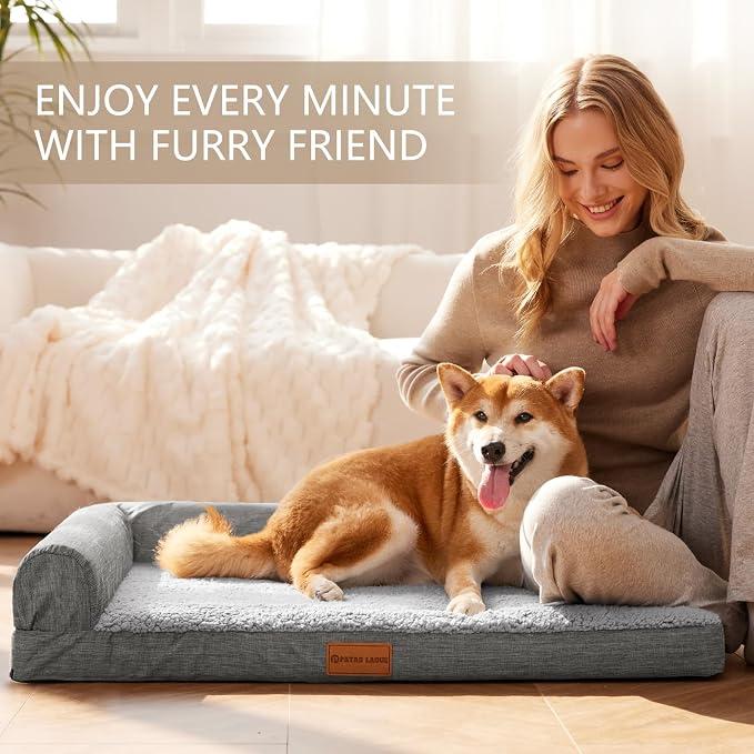 Patas Lague Orthopedic Large Dog Bed Pet Sofa Beds 36''X24'' Grey | L Bolster Egg-Crate Foam Dog Couch For Large Sized Dogs, Waterproof Removable Washable Cover, Pet Mat with Nonskid Bottom