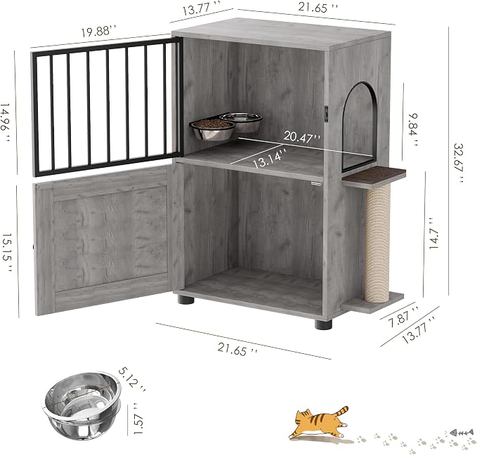 Dog Proof Cat Feeding Station, Dog Proof Cat Feeder, Cat Food Table | Cat Feeding Station with Scratching Post, Elevated Cat Food Bowls with Stand, Pet Food Storage Cabinet, Cat House, Gray