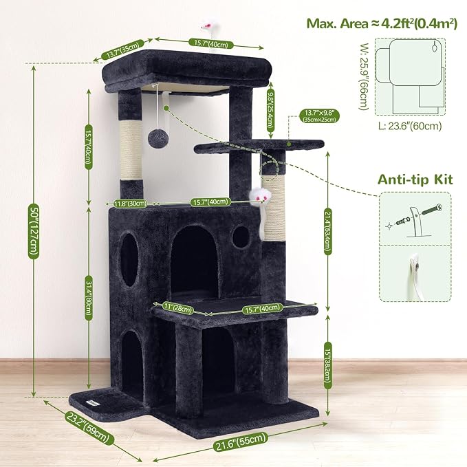 Globlazer Cat Tree Tower for Indoor Cats, 50-inch Adult Cat Tree House for Large Adult Cats with Steps, Scratching Post, 2 Cat Caves, Dangling Toys, FC50, Dark Grey