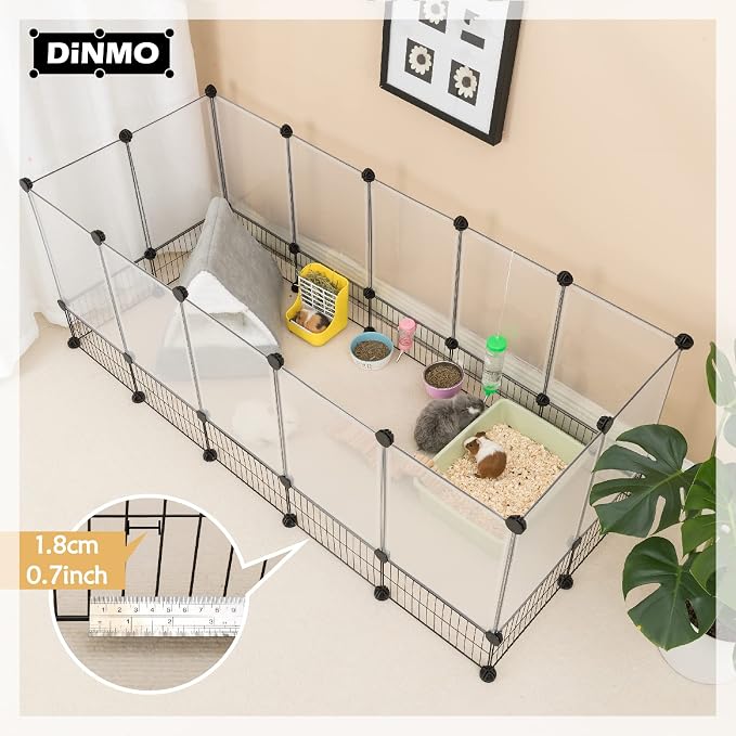 DINMO 28 Panels Bunny Playpen, Iron Net Bottom, 61.4" L x 25.4" W x 22.3" H | For Small Animals: Kittens, Guinea Pigs, Hamsters, Ferrets, Hedgehogs, Chicks & Ducklings, DIY, Expandable Portable Enclosure
