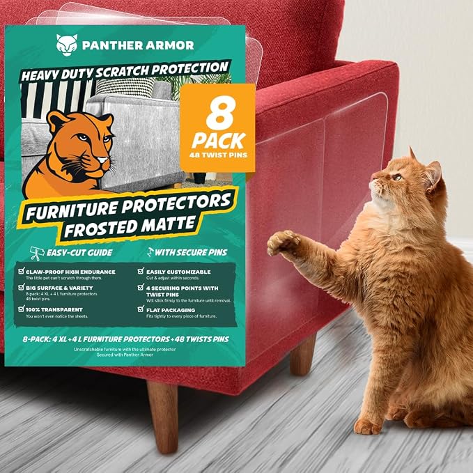 Panther Armor Cat Furniture Protector, 8 Matte Sheets with Twist Pins | Solid barrier shield, not a sticky deterrent. Couch protector from cat claws. 4 XL plus 4 large sheets, removable