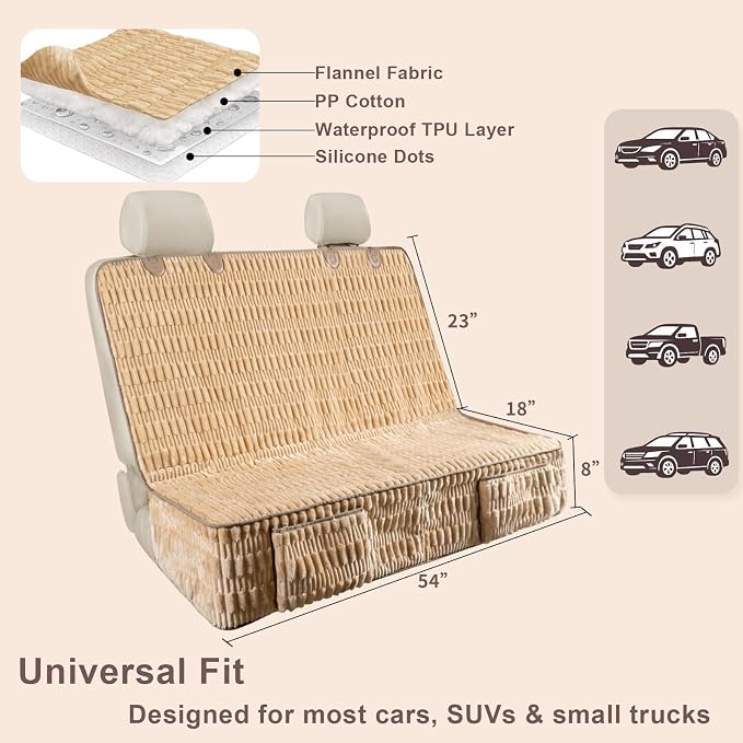 Dog Car Seat Cover, Soft Plush Waterproof Back Seat Protector, Tan | Non-Slip Backing, Full Bench Coverage, Hair, Dirt & Scratch Defense, Machine Washable, Fits Cars, SUVs & Trucks