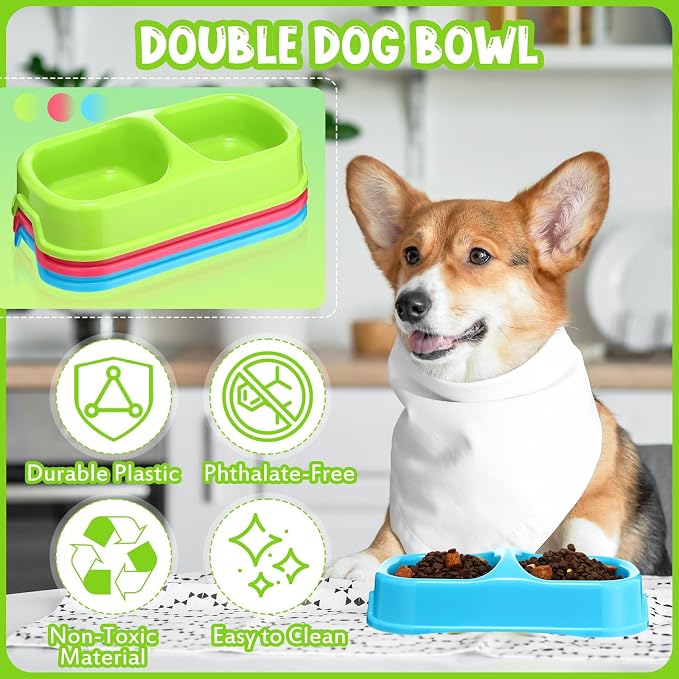 Hsei 12 Pcs Plastic Double Cat Dog Food Water Bowl,9.44 x 5.12 x 2.16 Inch | 12 Pack Bulk Set, PP Plastic, Raised Design, Dishwasher Safe, for Kennel Cattery Small Medium Pet Supplies, 3 Assorted Colors