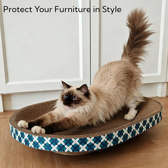 Cat Scratcher Bed with Toys, 2 Pack Oval Cat Scratcher Cardboard, Indoor Cat Scratch Bowl, Large Cat Scratching Board with Catnip Fish Toy & Feather Wand for Furniture Protector,Blue