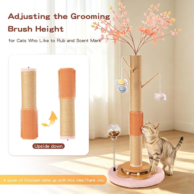 45" Tall Cat Scratching Post for Large Cats Adults | Grooming Brush, Track Ball, Spring Feeder & 3 Bee Toys, Sisal Rope Large Cat Scratcher Tree with Leaves for Indoor Cats, Pink