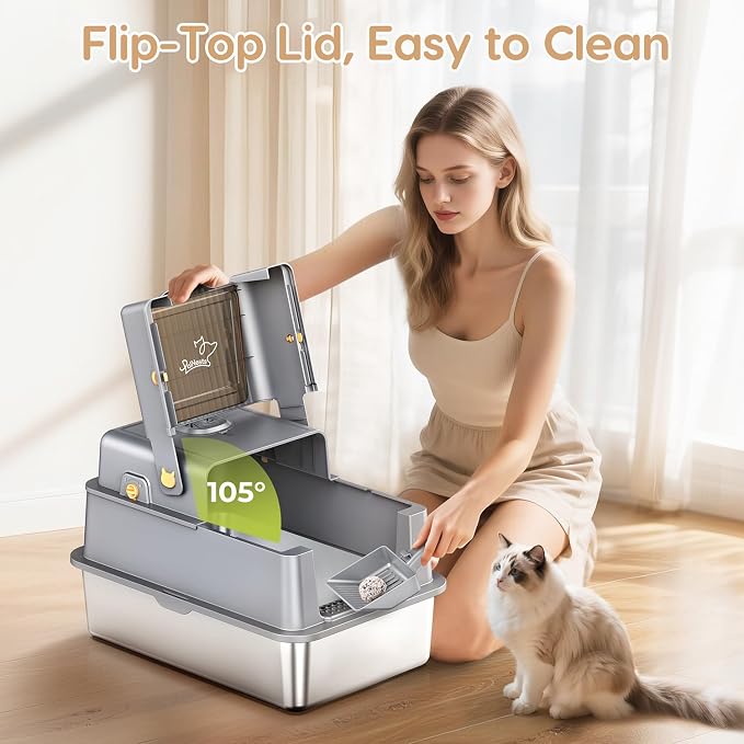 L7 Pro-Stainless Steel Litter Box with Lid Enclosed Odor Control | Extra Large Enclosed Metal Cat Box for Kitty&Big Cats, Odor Control, High Sided Anti-Leak with Scoop & Mat, Grey