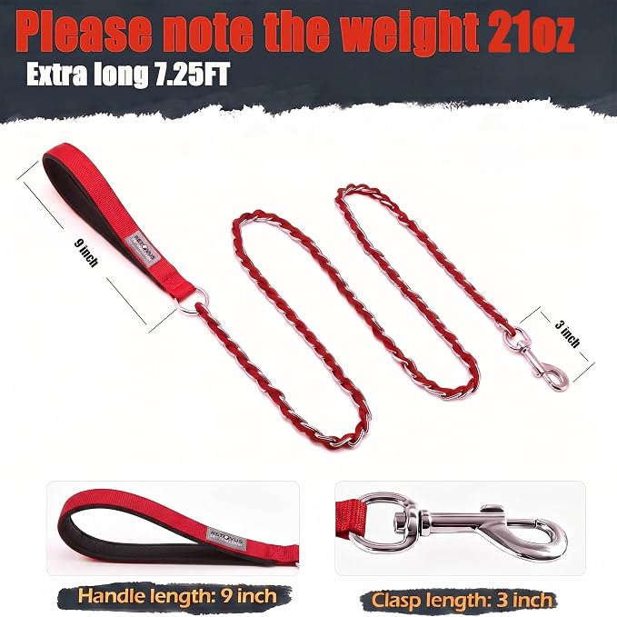 S-ETOVUS-Chain Dog Leash, Bite-Proof Metal Leash, with Padded Handle | Three Sizes 7.25FT/5.2FT/4FT, Woven From Nylon Rope And Chain, Durable And Bite-Resistant, Comfortable With Padded Handles