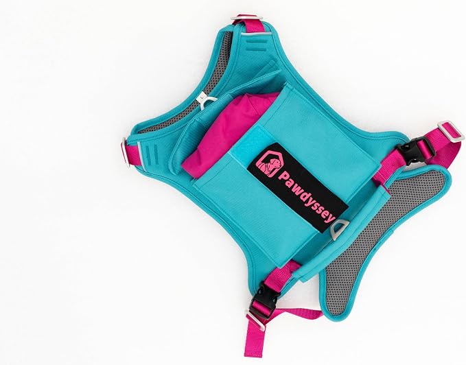 2-in-1 Dog Harness with Built-in Raincoat, Waterproof Packable Dog Rain Jacket, Reflective Adjustable Dog Rain Coat with Leash Portal, Aqua Blue Harness/Rose Red Raincoat, Medium
