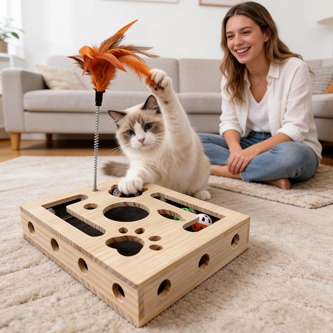 Cat Scratch Puzzle Box for Indoor Cats, Wooden Cat Enrichment Toy | Cat Toys for Indoor Cats Cat Nail File Box with Interactive Cat Toys & Sandpaper Inside