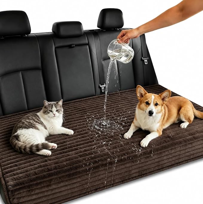 Dog Car Back Seat Bed Waterproof Non Slip Washable Pet Cover | Ultra-soft plush flannel pad soothes pet joint discomfort Vacuum compressed, heavy duty tear-resistant fabric(Brown)